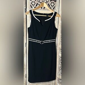 WHBM Black Lined Dress Off White Trim Faux Belt Grommets Office Evening Size 6